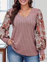 Printed V-Neck Long Sleeve T-Shirt Dusty Pink OutfitFlow